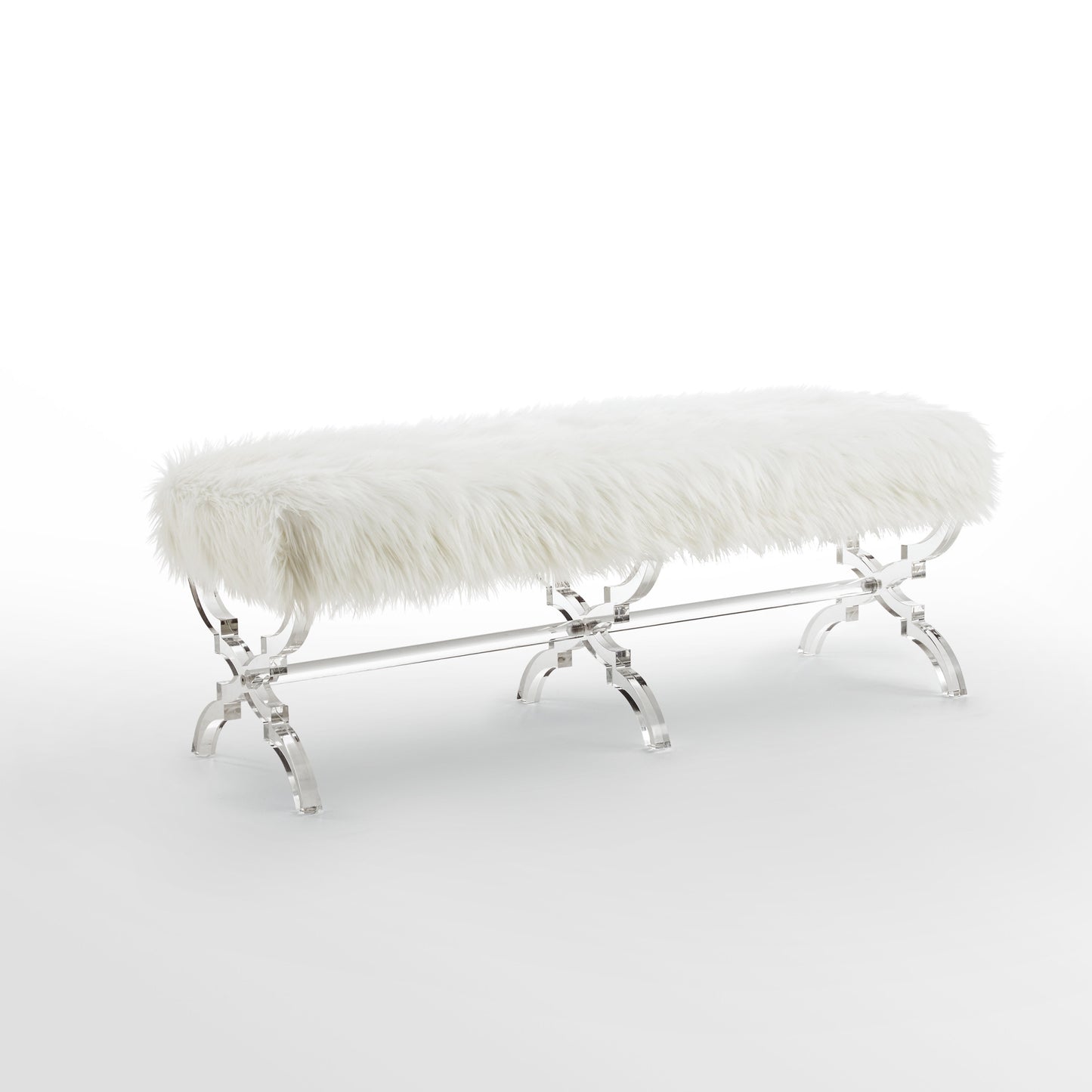 48" Rose And Clear Upholstered Faux Fur Bench