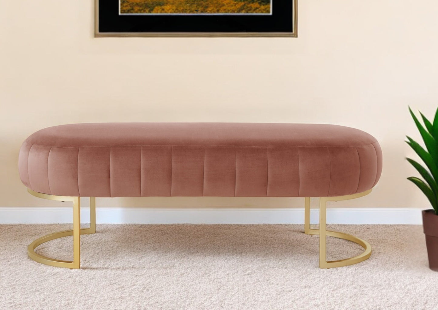 53" Blush and Gold Tufted Velvet Upholstered Bench