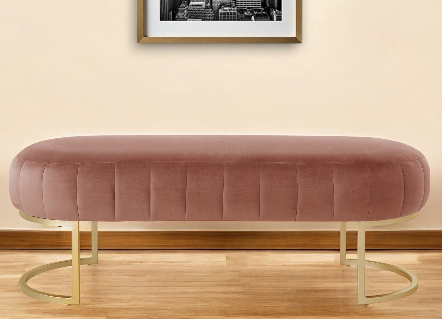 53" Blush and Gold Tufted Velvet Upholstered Bench