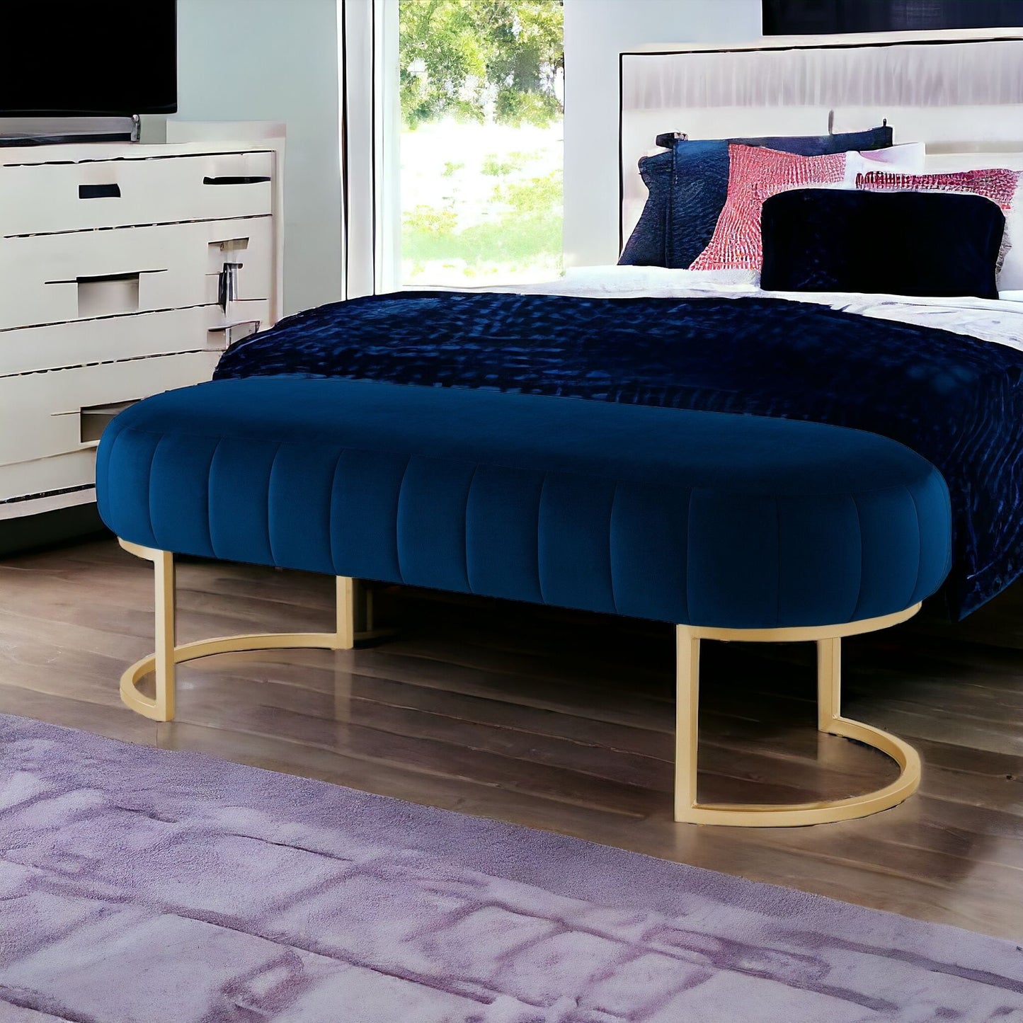 53" Navy Blue And Gold Upholstered Velvet Bench