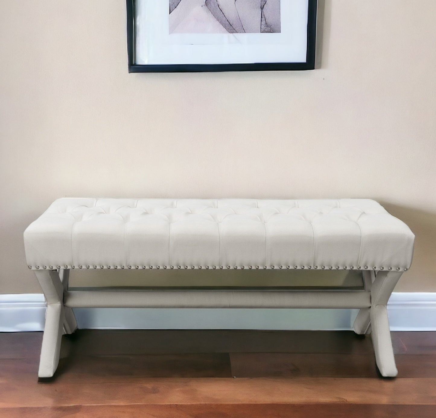 45" Light Gray Tufted Linen Upholstered Bench