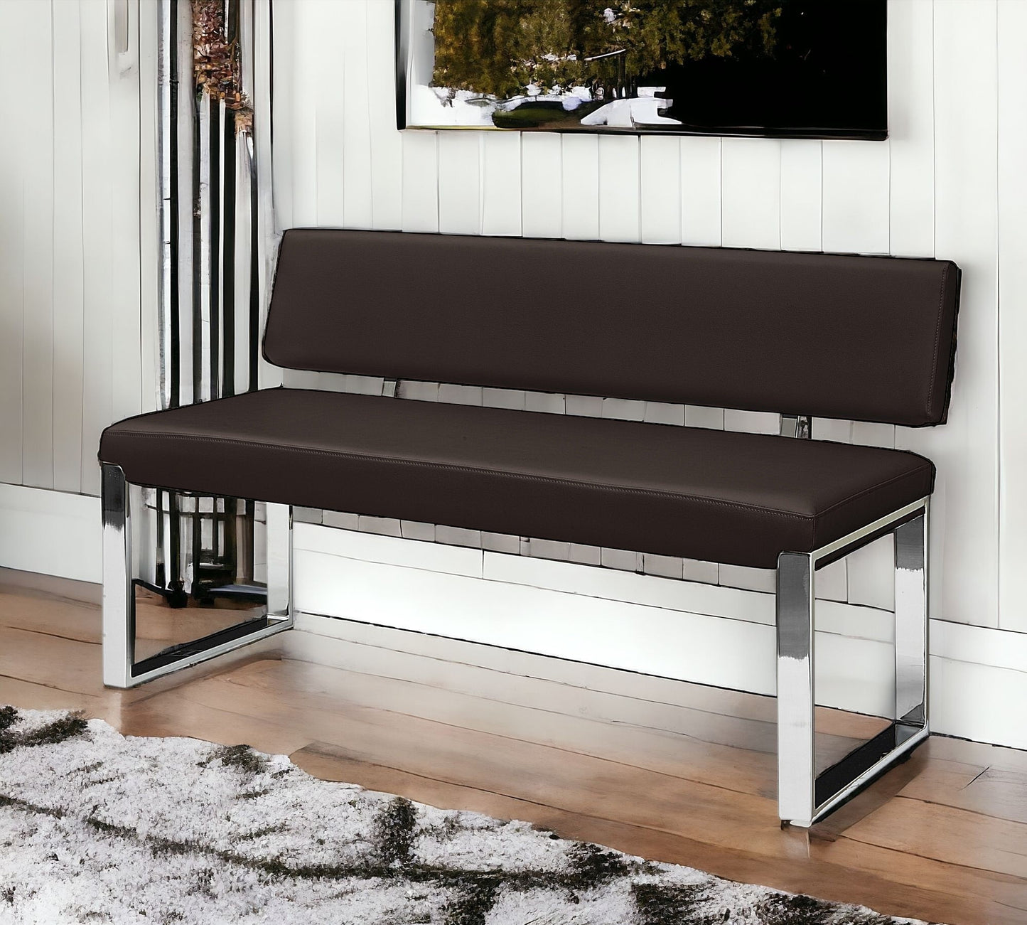 50" Brown and Silver Upholstered Faux Leather Bench