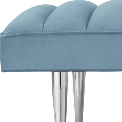 53" Blue And Silver Upholstered Velvet Bench