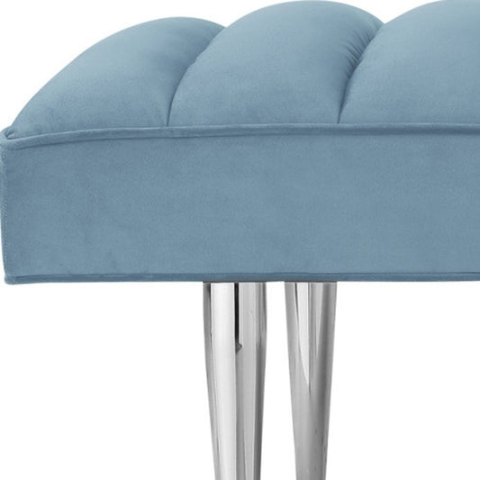 53" Blue And Silver Upholstered Velvet Bench