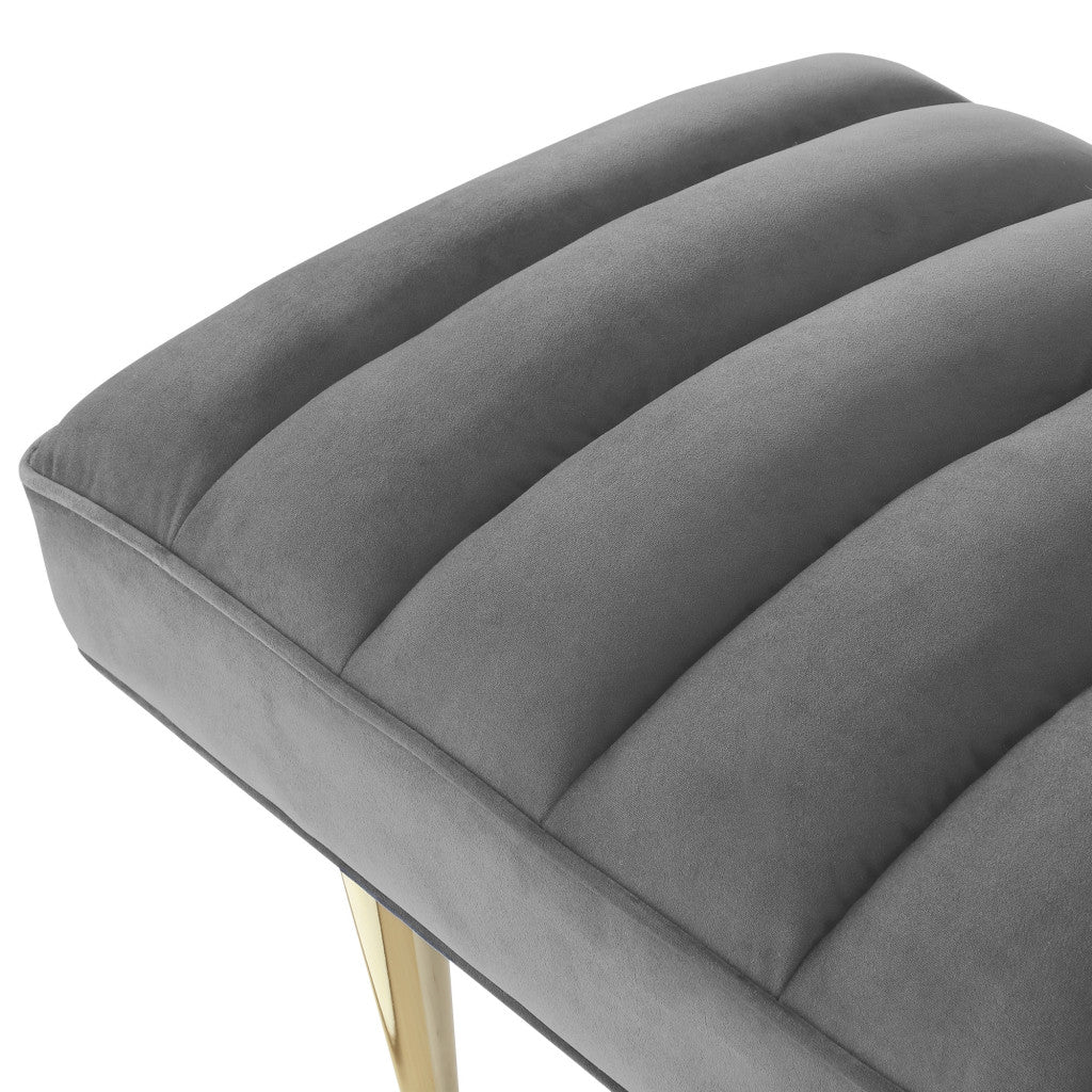 53" Light Gray And Gold Upholstered Velvet Bench