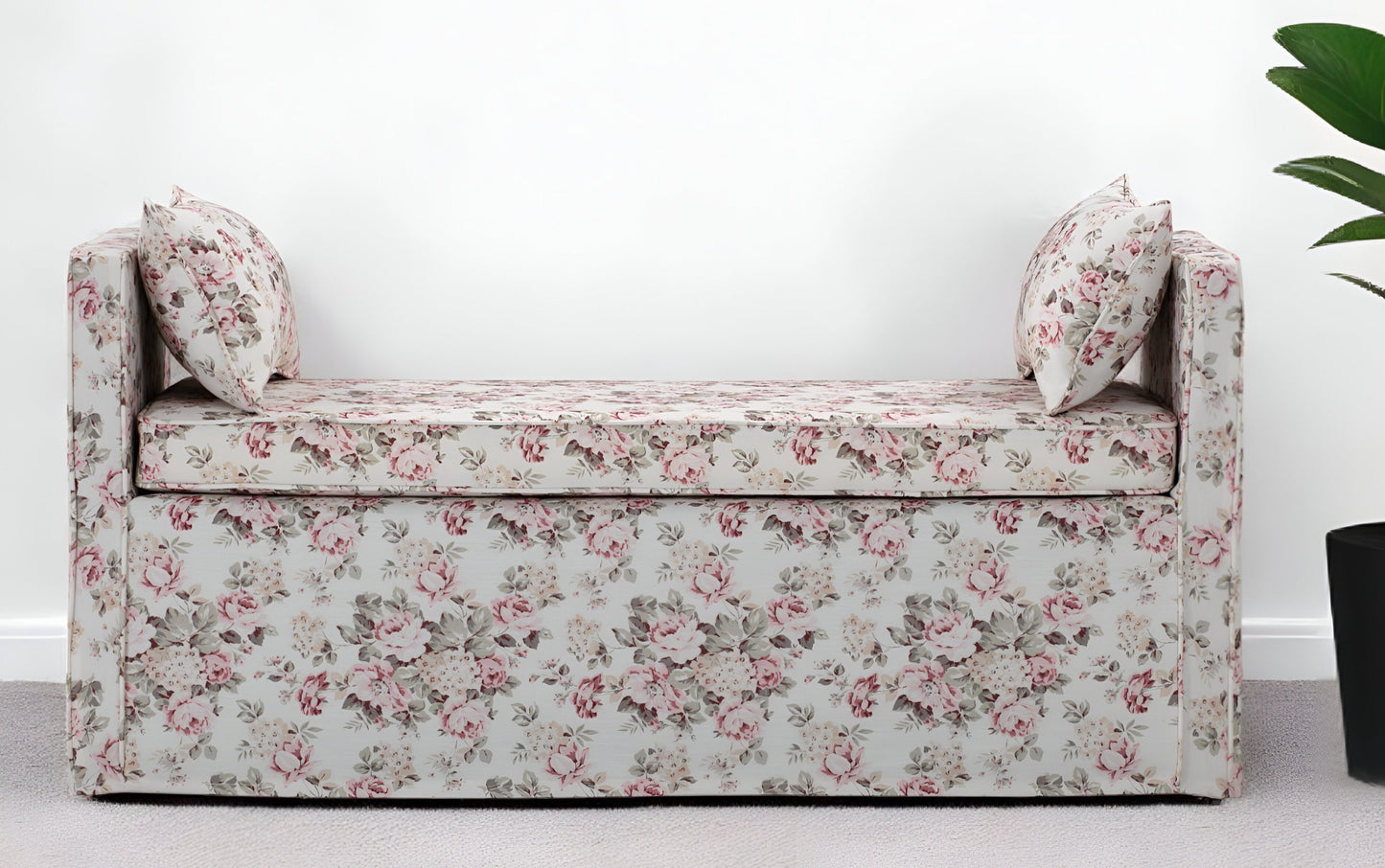 53" White and Red Linen Upholstered Floral Bench