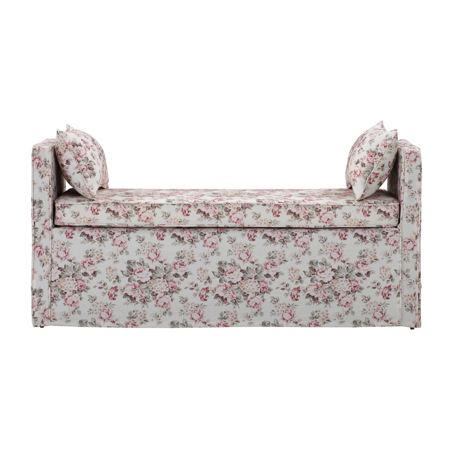 53" White and Red Linen Upholstered Floral Bench