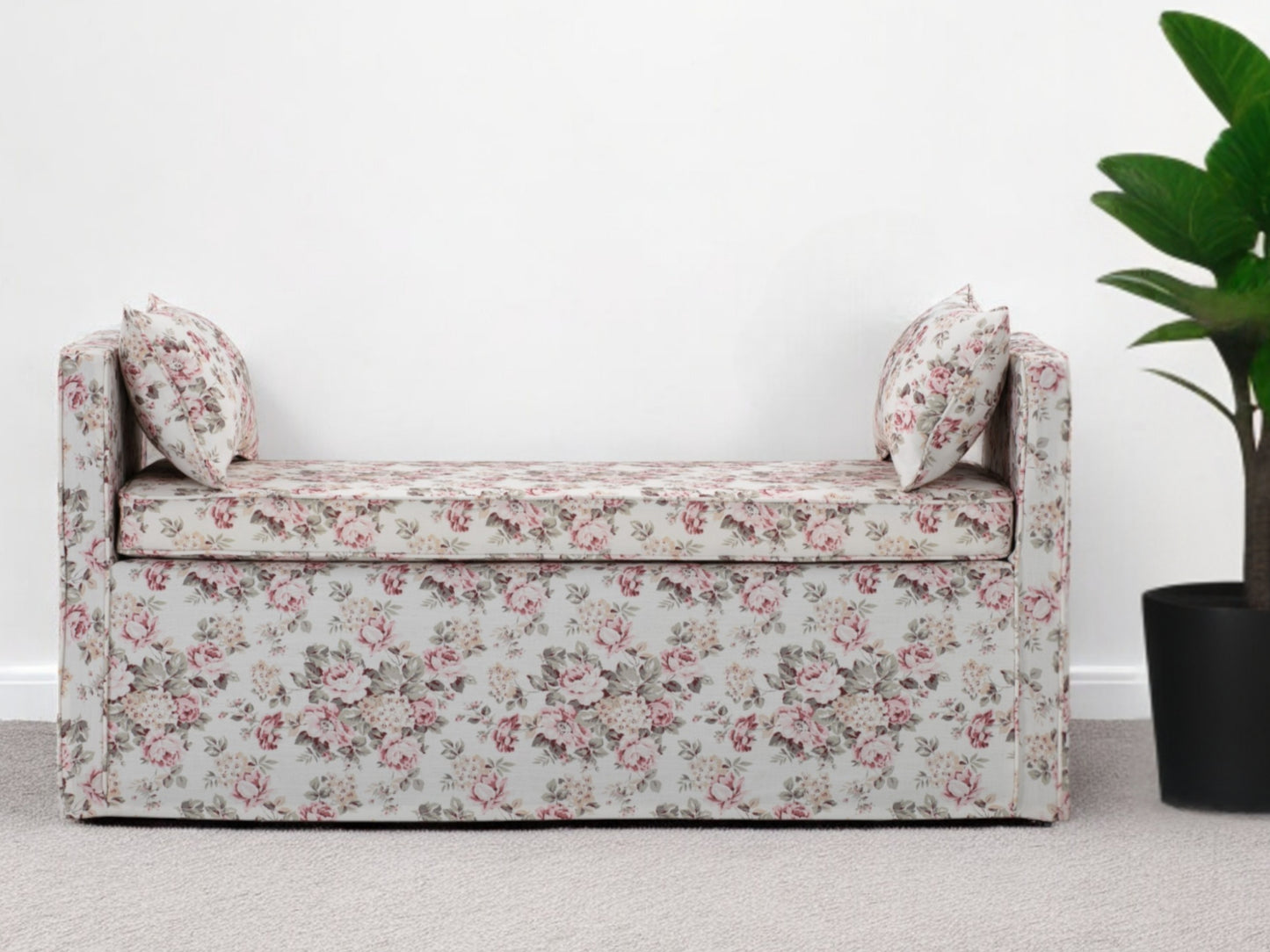 53" Red And Black Upholstered Linen Paisley Bench