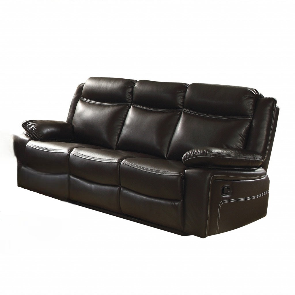 78" Espresso And Black Faux Leather Reclining Sofa