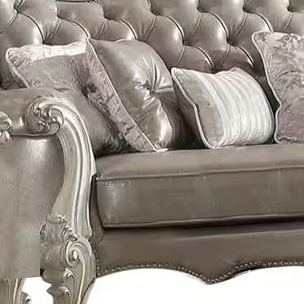 90" Gray Faux Leather Curved Sofa And Toss Pillows With Bone Legs