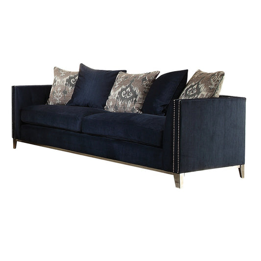 95" Blue Velvet Sofa And Toss Pillows With Silver Legs