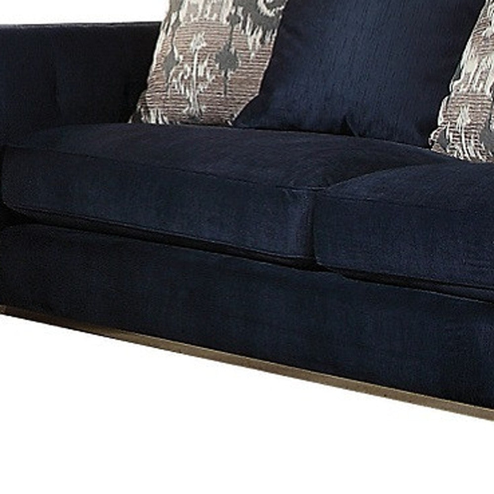 95" Blue Velvet Sofa And Toss Pillows With Silver Legs