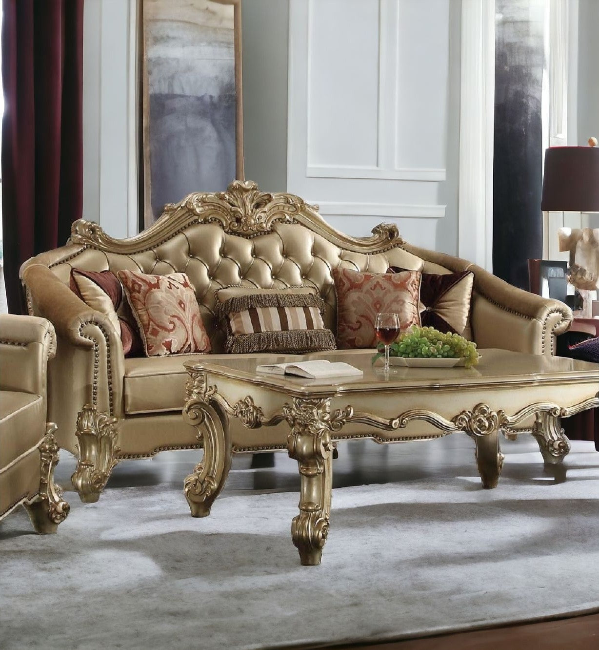 89" Bone Faux Leather And Gold Sofa With Five Toss Pillows