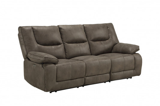 87" Gray Faux Leather Reclining USB Sofa With Black Legs