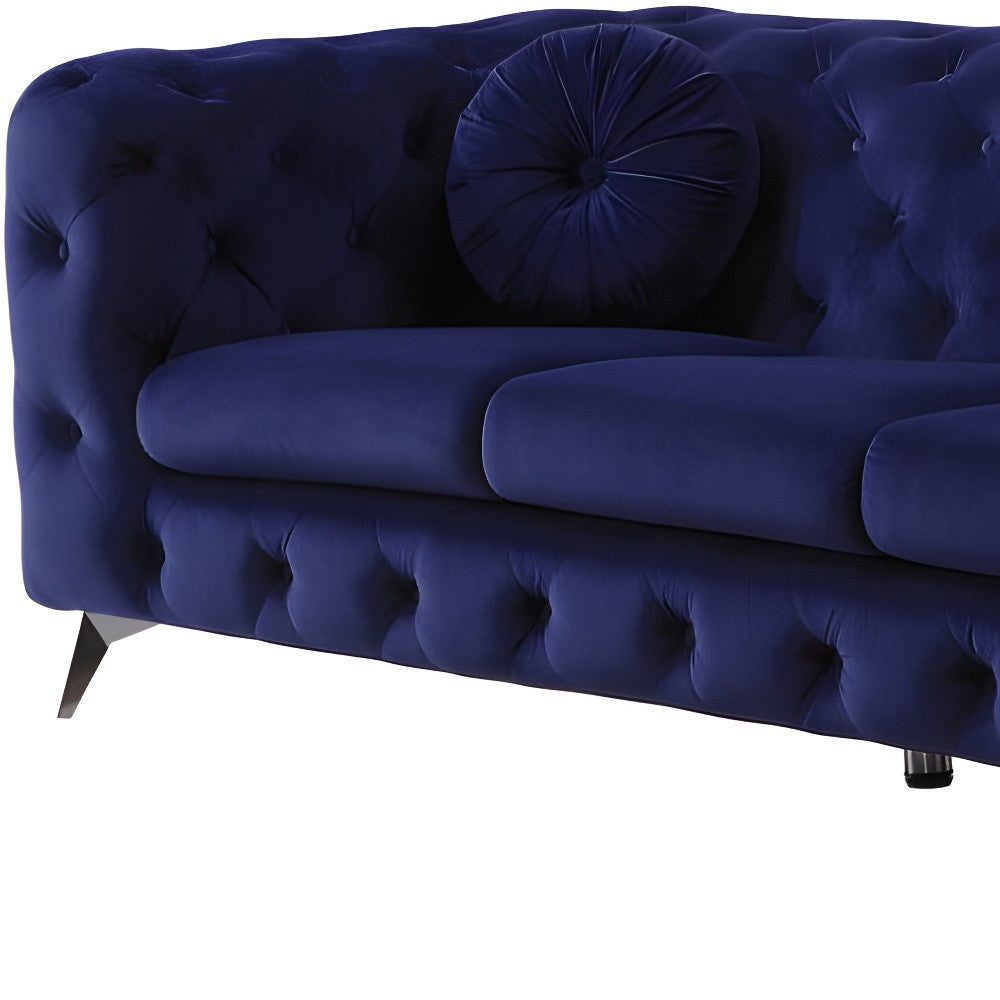 90" Blue Velvet Chesterfield Sofa With Silver Legs