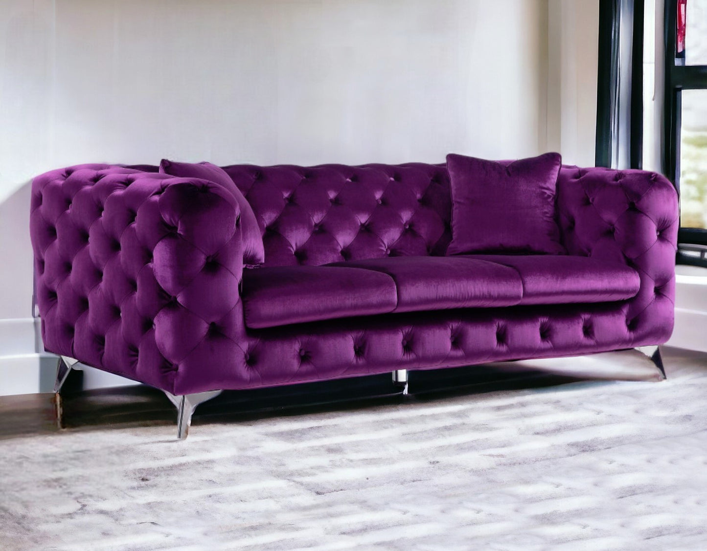 90" Purple Velvet Sofa With Silver Legs