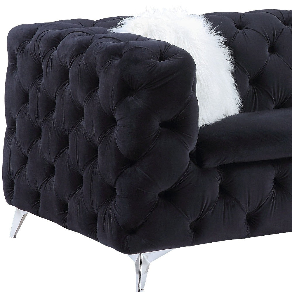 91" Black Velvet Sofa And Toss Pillows With Silver Legs