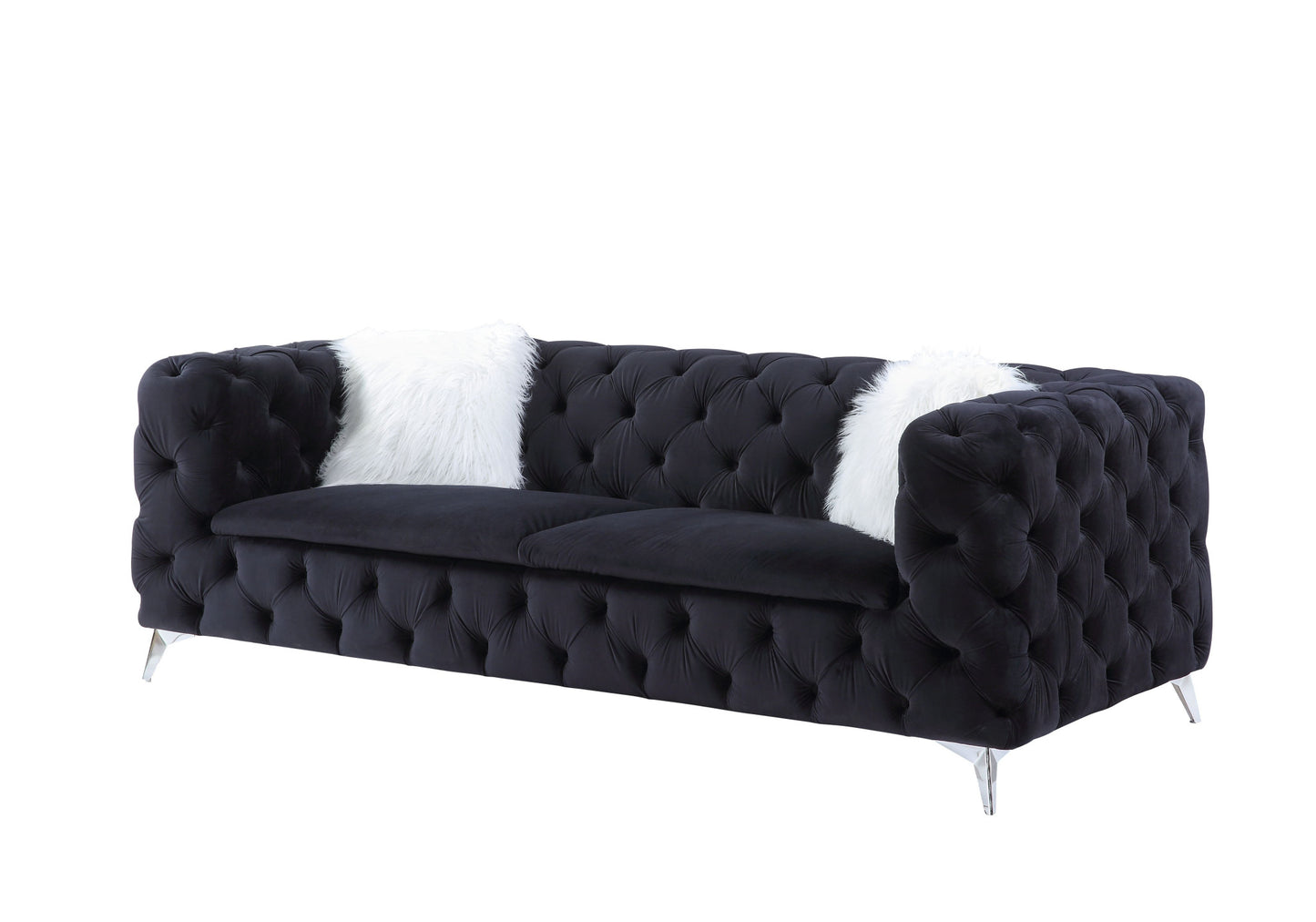 91" Black Velvet Sofa And Toss Pillows With Silver Legs