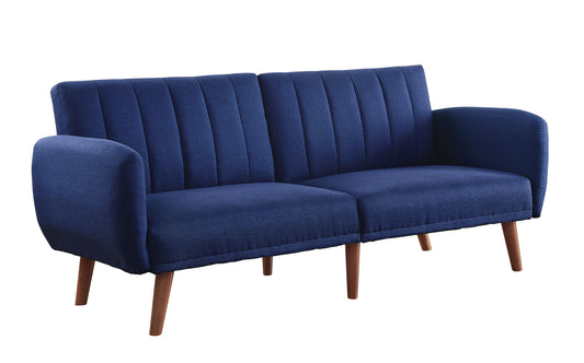 76" Blue Linen Convertible Futon Sleeper Sofa With Wood Brown Legs