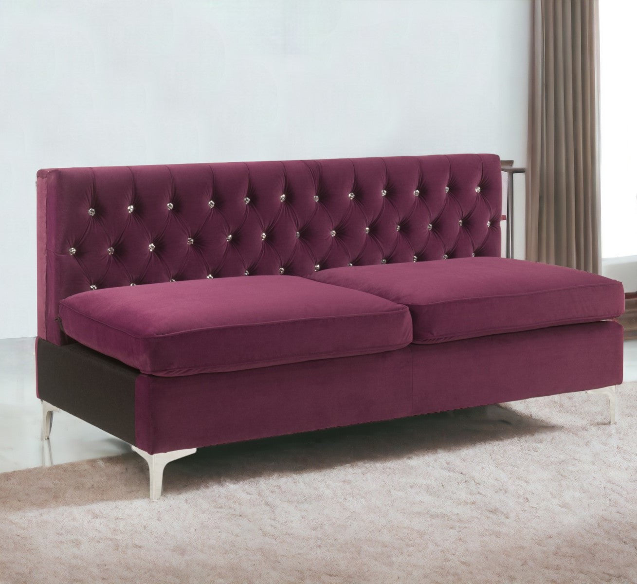 69" Burgundy Velvet And Silver Sofa With Two Toss Pillows