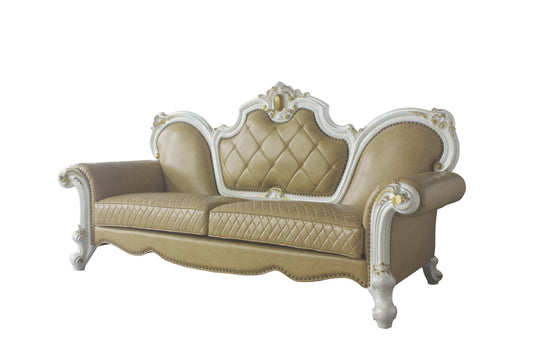93" Golden Brown Faux Leather Sofa And Toss Pillows With Pearl Legs