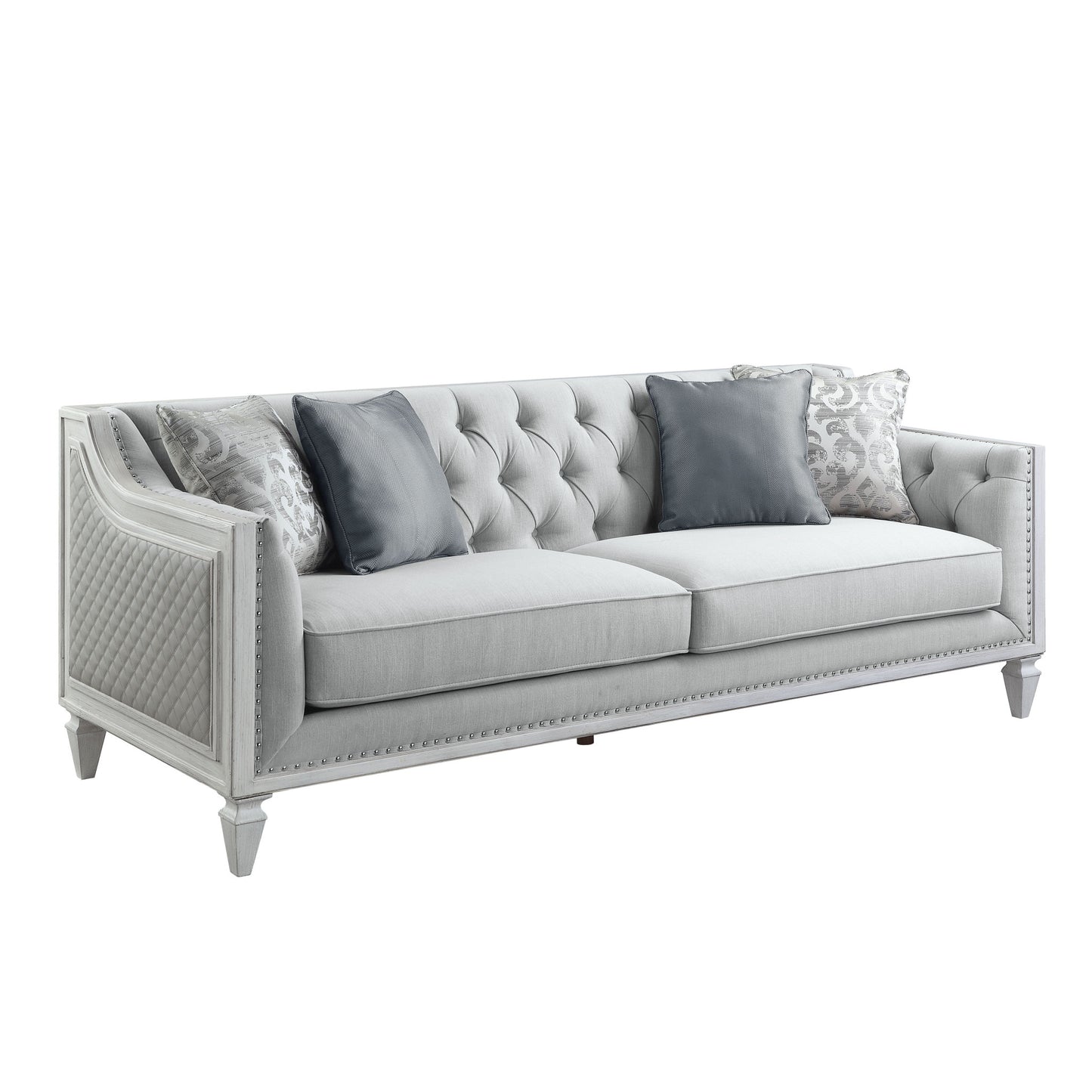 85" Light Gray Linen And White Sofa With Four Toss Pillows