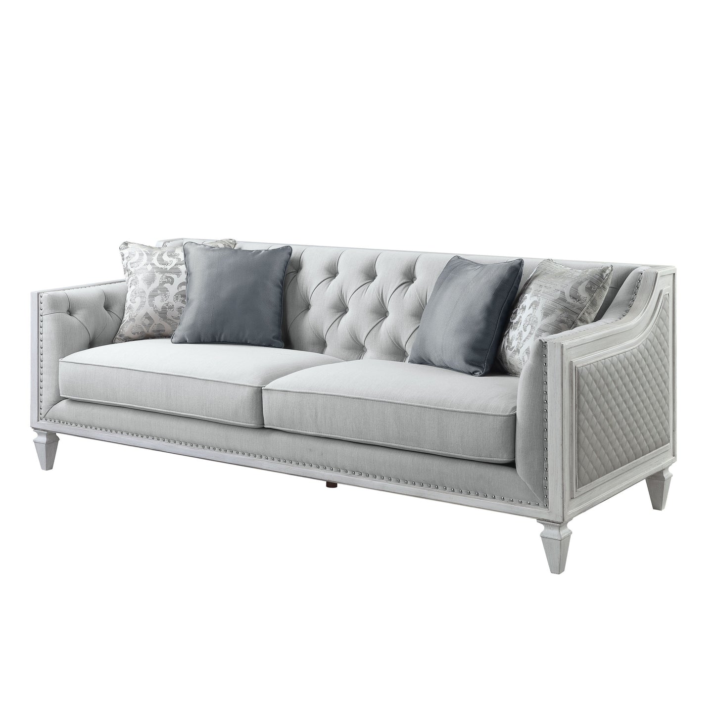 85" Light Gray Linen And White Sofa With Four Toss Pillows