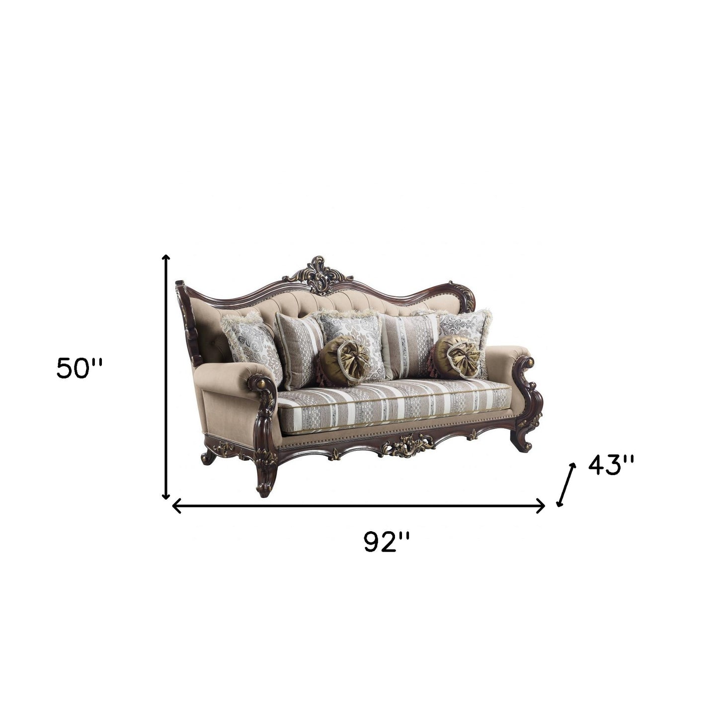 92" Brown Linen Damask Sofa And Toss Pillows