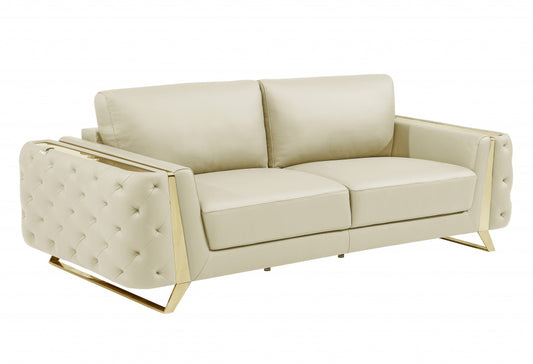 90" Beige Italian Leather Sofa With Silver Legs