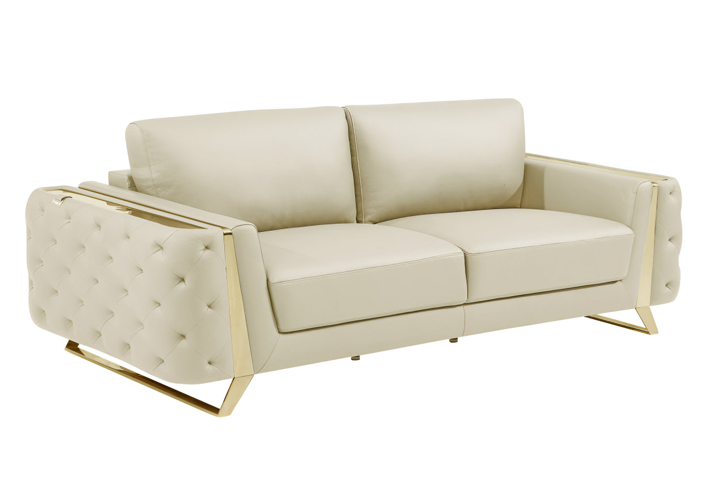 90" Beige Italian Leather Sofa With Gold Legs