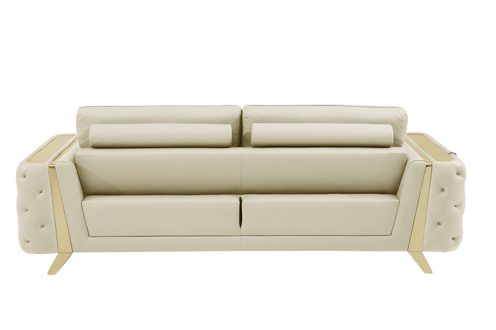 Beige Italian leather sofa with gold legs, 90 inches long.