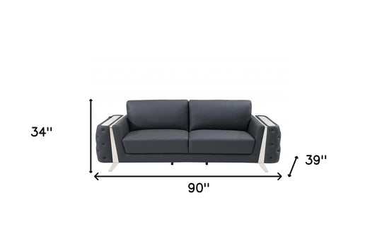 90" Gray Italian Leather Sofa With Silver Legs