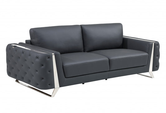 90" Gray Italian Leather Sofa With Silver Legs