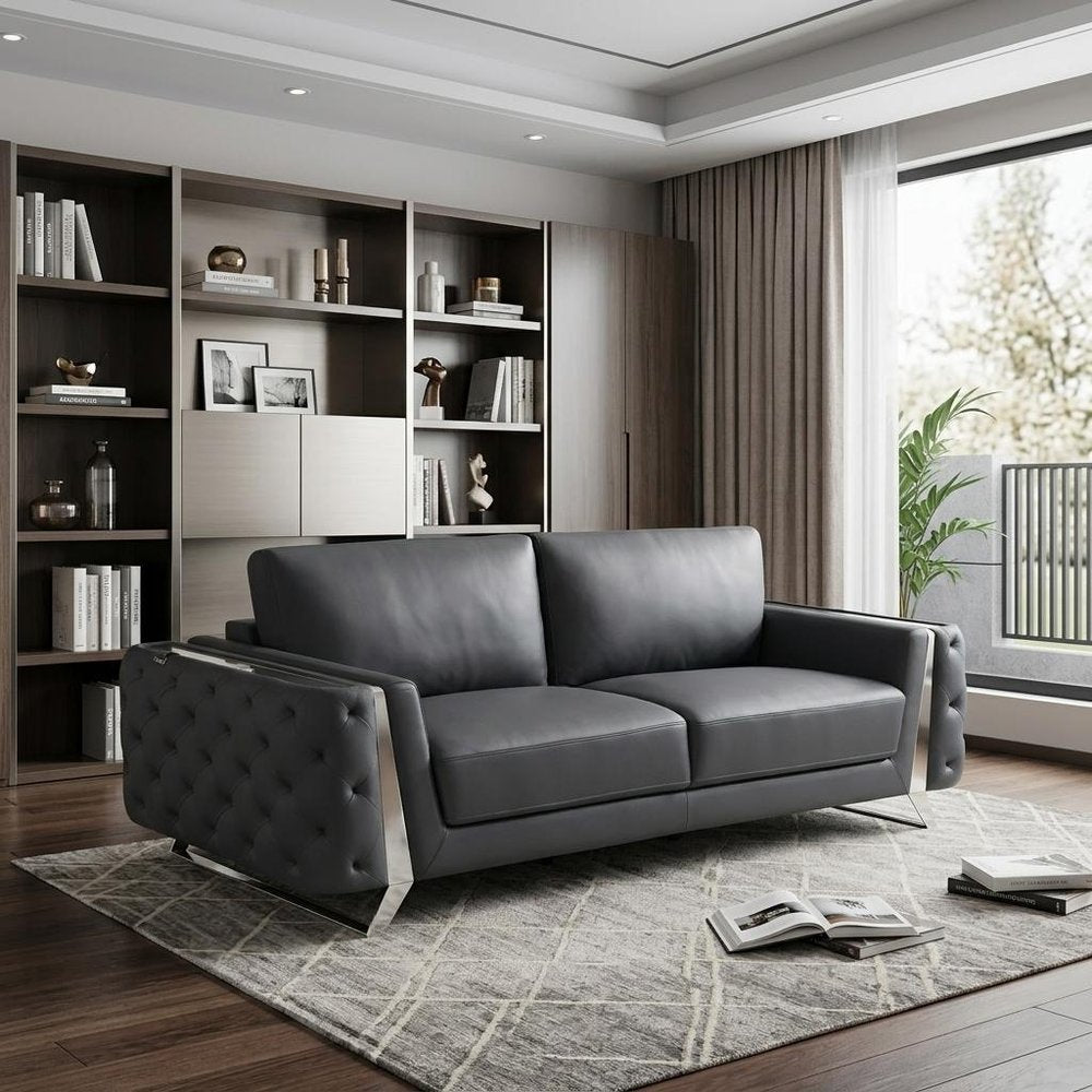 90" Gray Italian Leather Sofa With Silver Legs