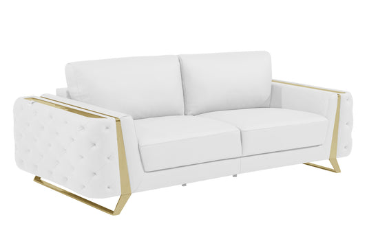 90" White Italian Leather Sofa With Silver Legs