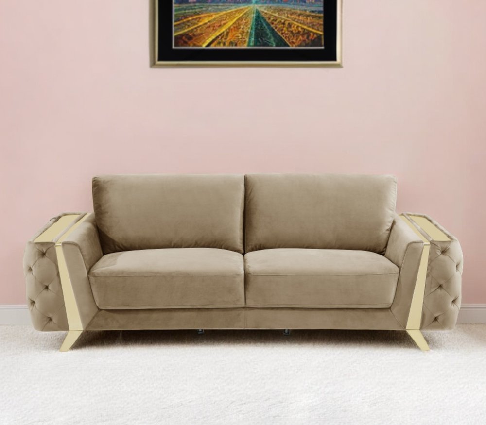 Beige velvet sofa with gold legs, 90-inch length.