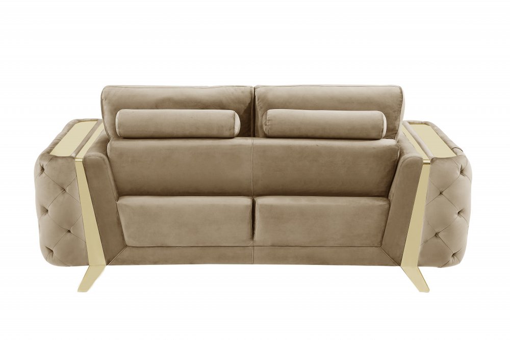 Beige velvet sofa with gold legs, 90 inches long.