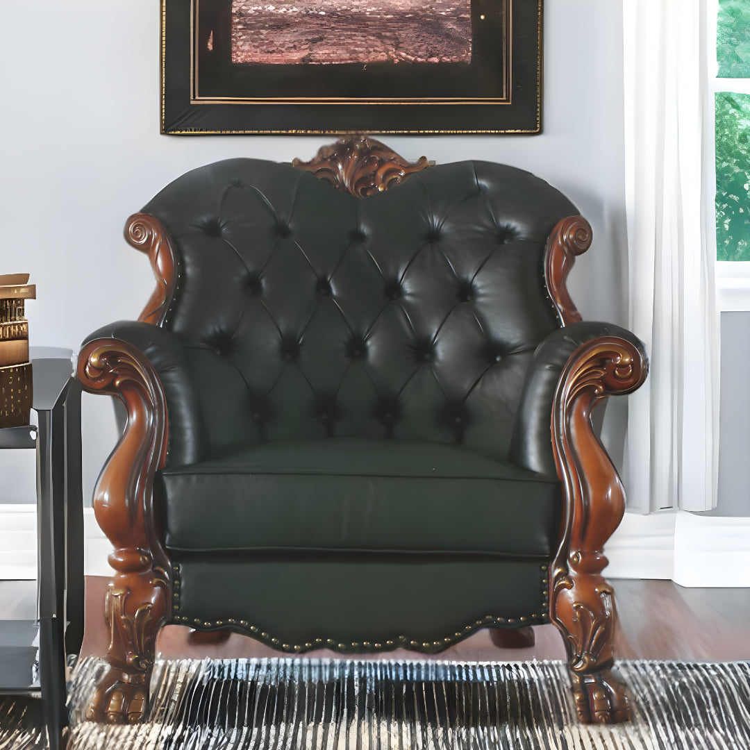 45" Cherry Oak Faux Leather Arm Chair