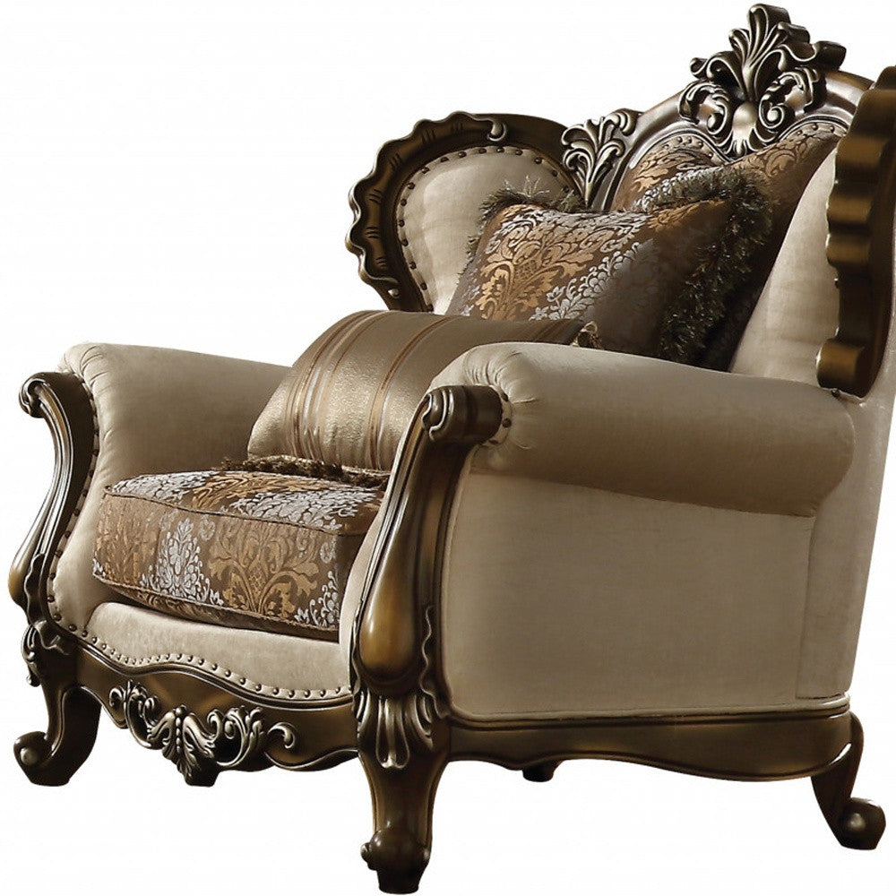 49" Tan And Brown Fabric Floral Tufted Wingback Chair