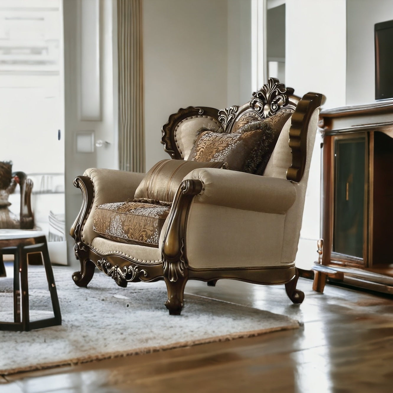 49" Tan And Brown Fabric Floral Tufted Wingback Chair