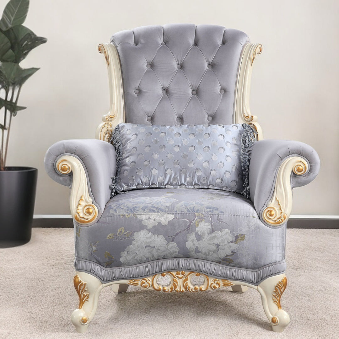 41" Gray And White Fabric Floral Tufted Arm Chair And Toss Pillow