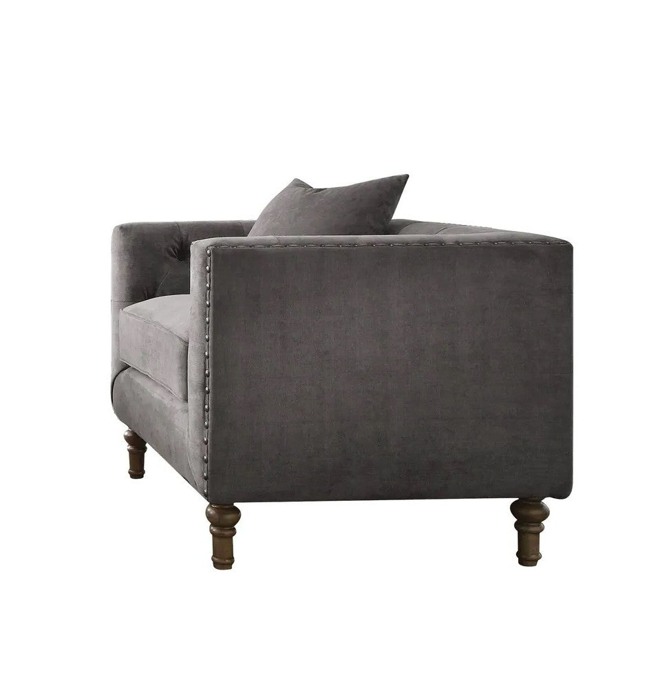 41" Gray And Brown Velvet Tufted Arm Chair