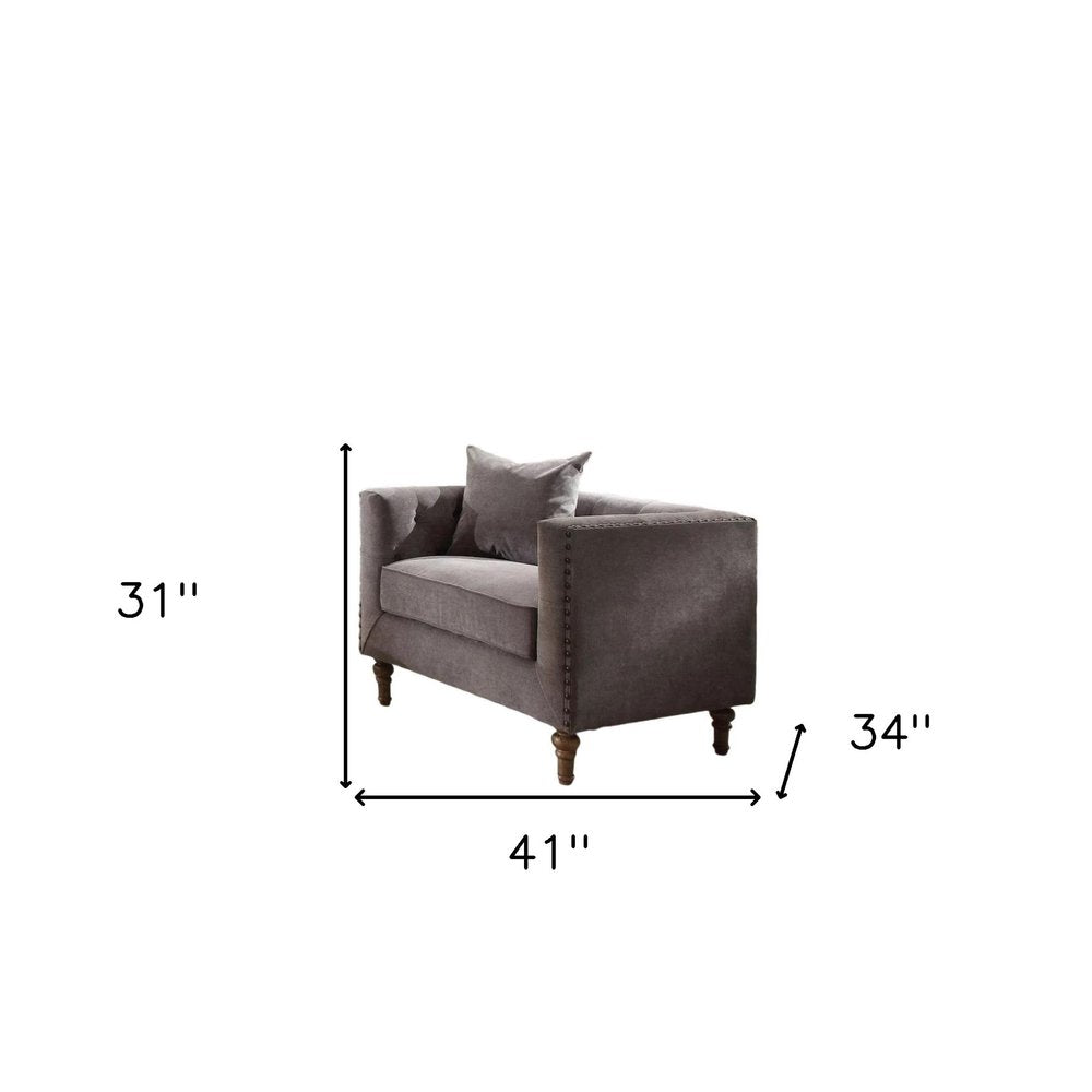 41" Gray and Antiqued Brass Velvet Tufted Arm Chair And Toss Pillow