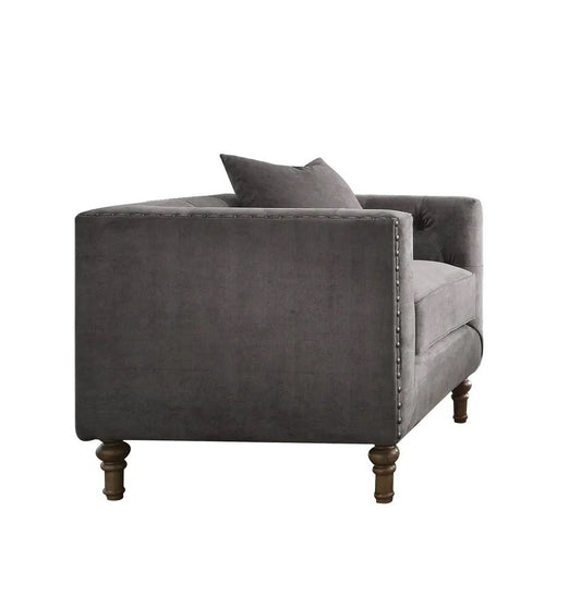 41" Gray and Antiqued Brass Velvet Tufted Arm Chair And Toss Pillow