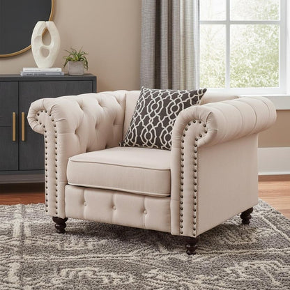 45" Beige and Black Linen Tufted Chesterfield Chair And Toss Pillow