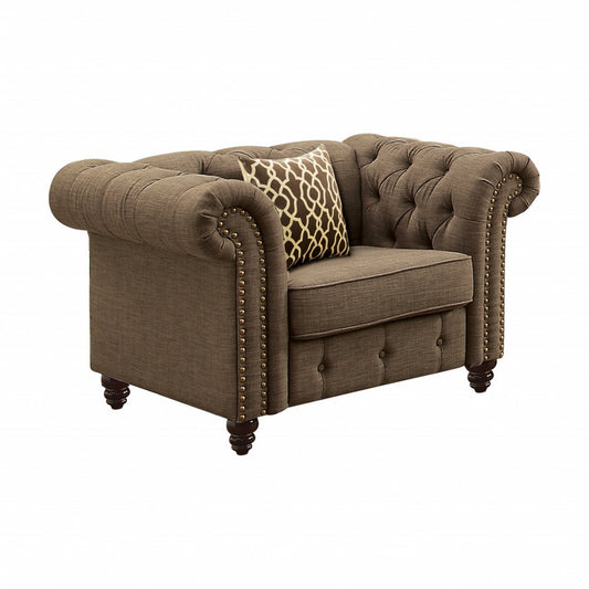 45" Brown and Black Linen Tufted Chesterfield Chair And Toss Pillow