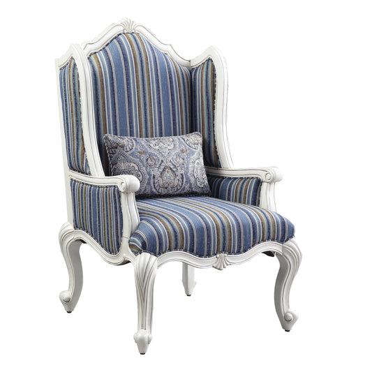 31" Blue White And Brown Fabric And White Striped Wingback Chair