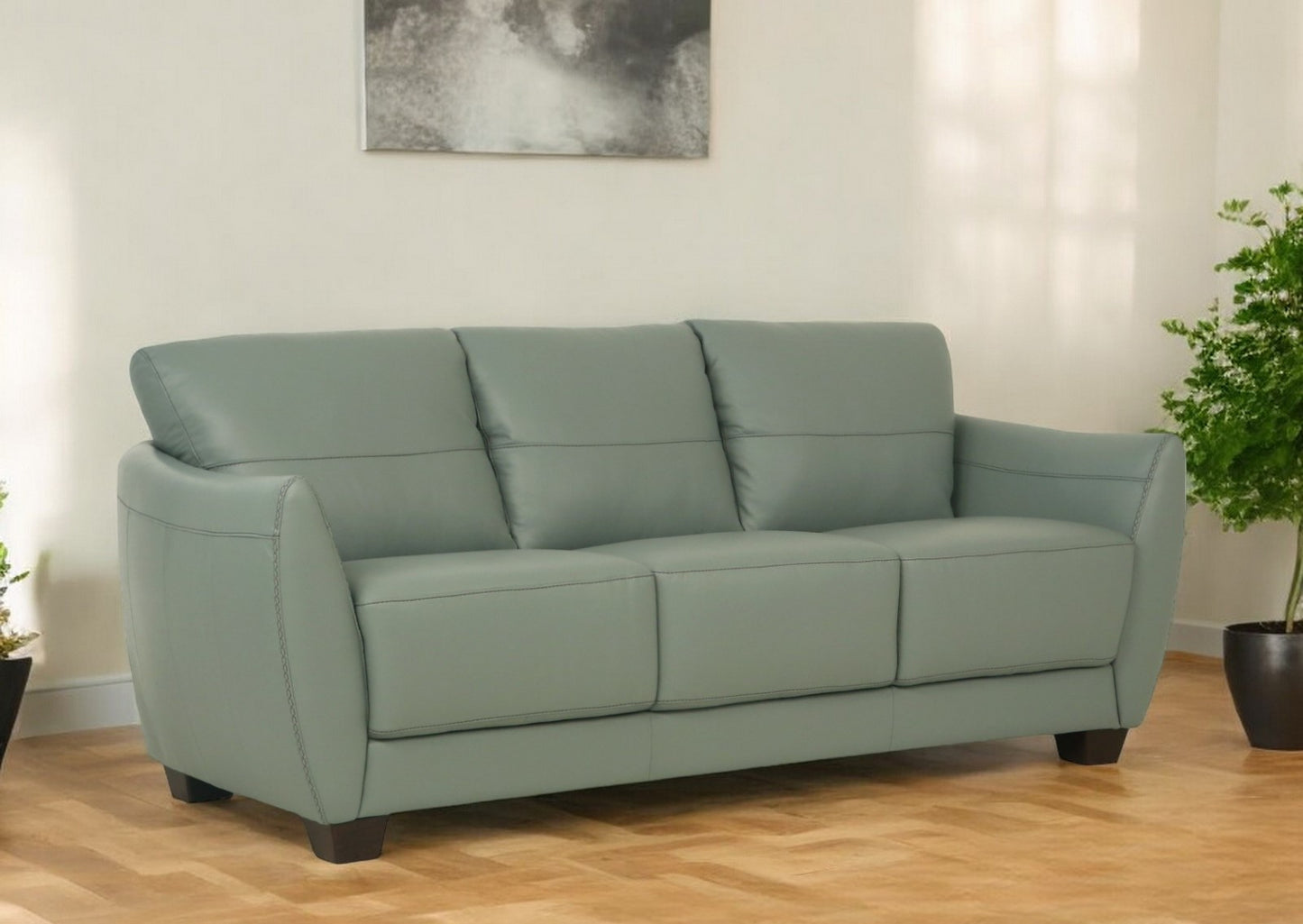 79" Tea Green Leather Sofa With Black Legs