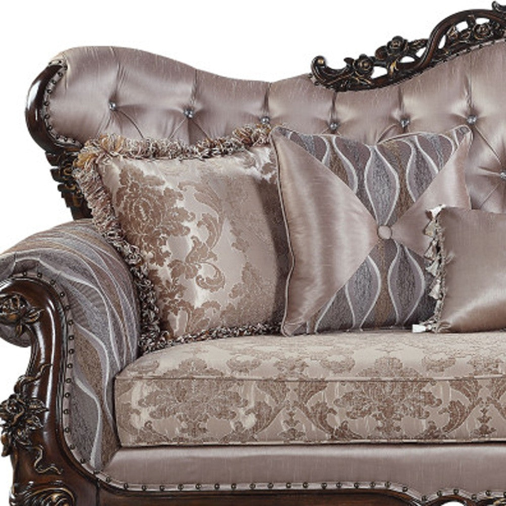92" Champagne Imitation Silk Damask Sofa And Toss Pillows