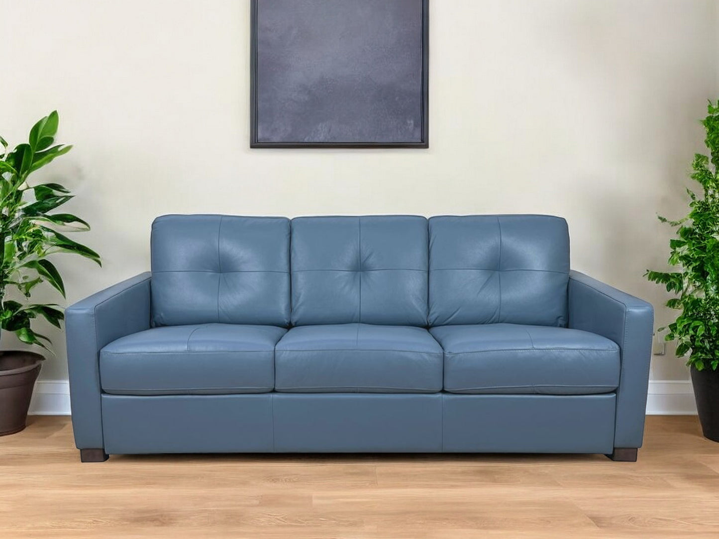 81" Blue Leather Sleeper Sofa With Black Legs